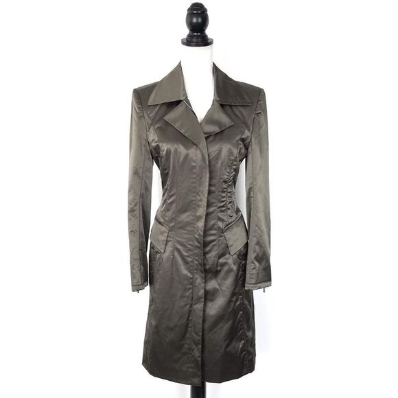Marc Cain Olive Green Satin Trench Jacket Zip Front Luxury Designer Size 2 - Picture 1 of 8